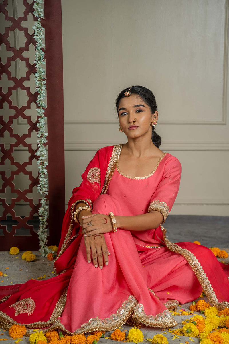 Fuschia Pink  Organza Embroidered Dupatta