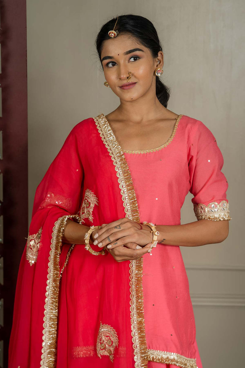 Fuschia Pink  Organza Embroidered Dupatta