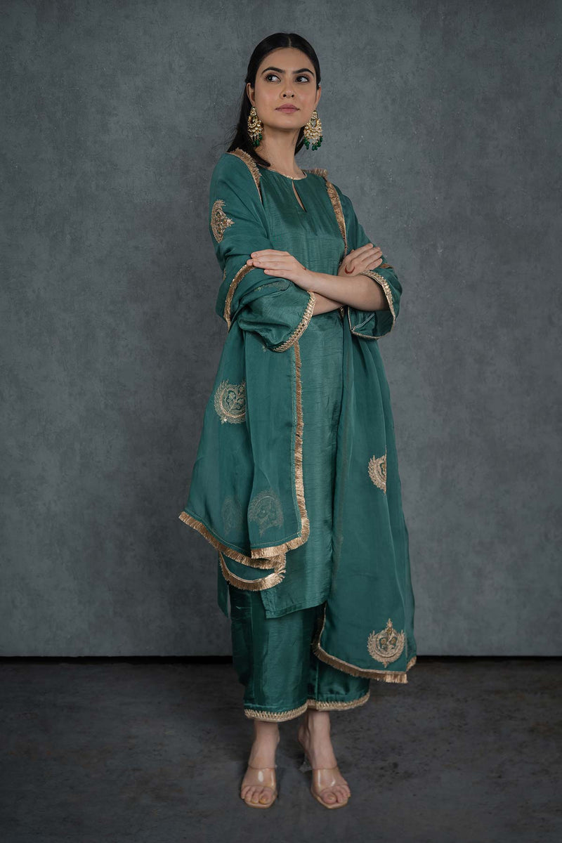 Emerald Green Organza Embroidered Dupatta