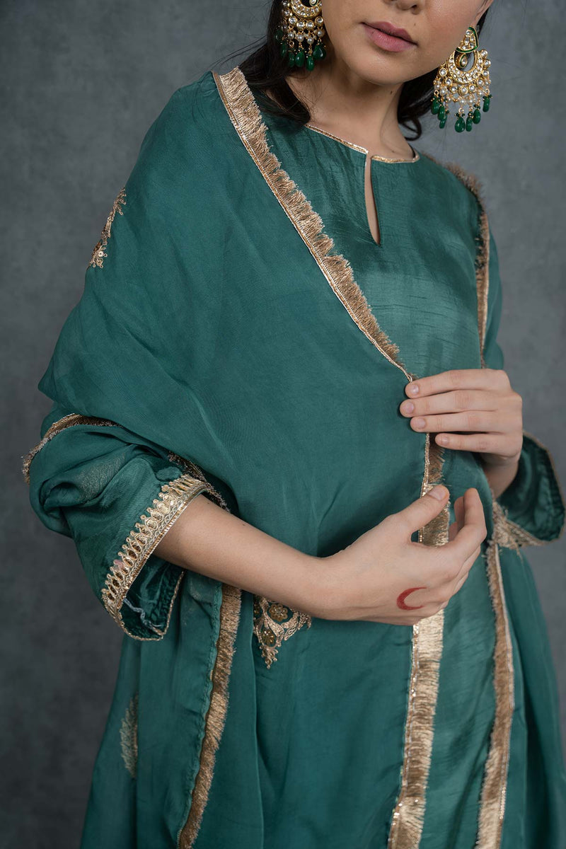 Emerald Green Organza Embroidered Dupatta