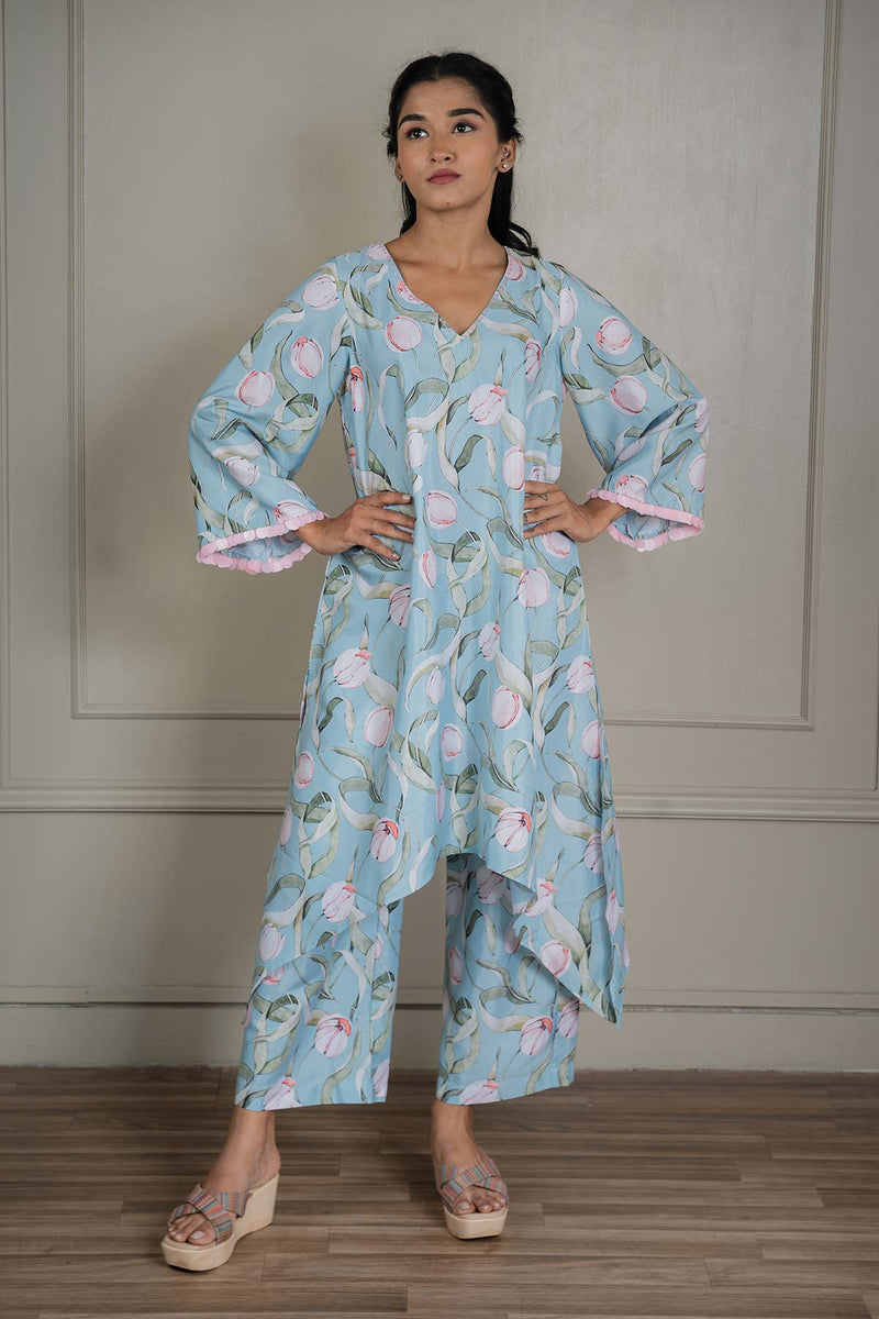 Pastel Blue Printed Co-ord Set With Sequin Detailing (Set Of 2)