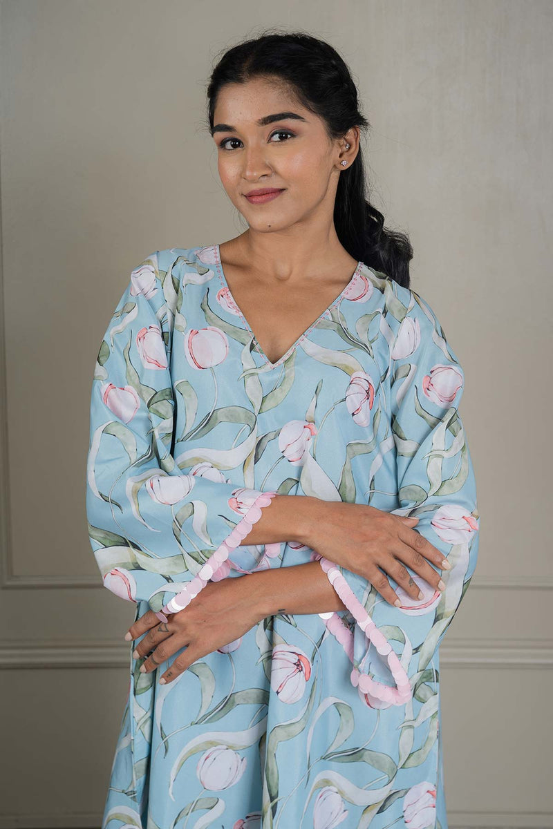 Pastel Blue Printed Co-ord Set With Sequin Detailing (Set Of 2)