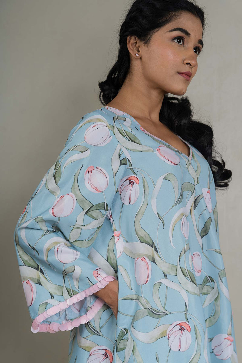 Pastel Blue Printed Co-ord Set With Sequin Detailing (Set Of 2)