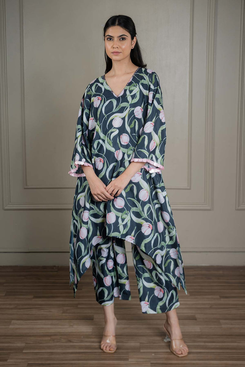 Navy-blue Printed Co-ord Set With Sequin Detailing (Set Of 2)