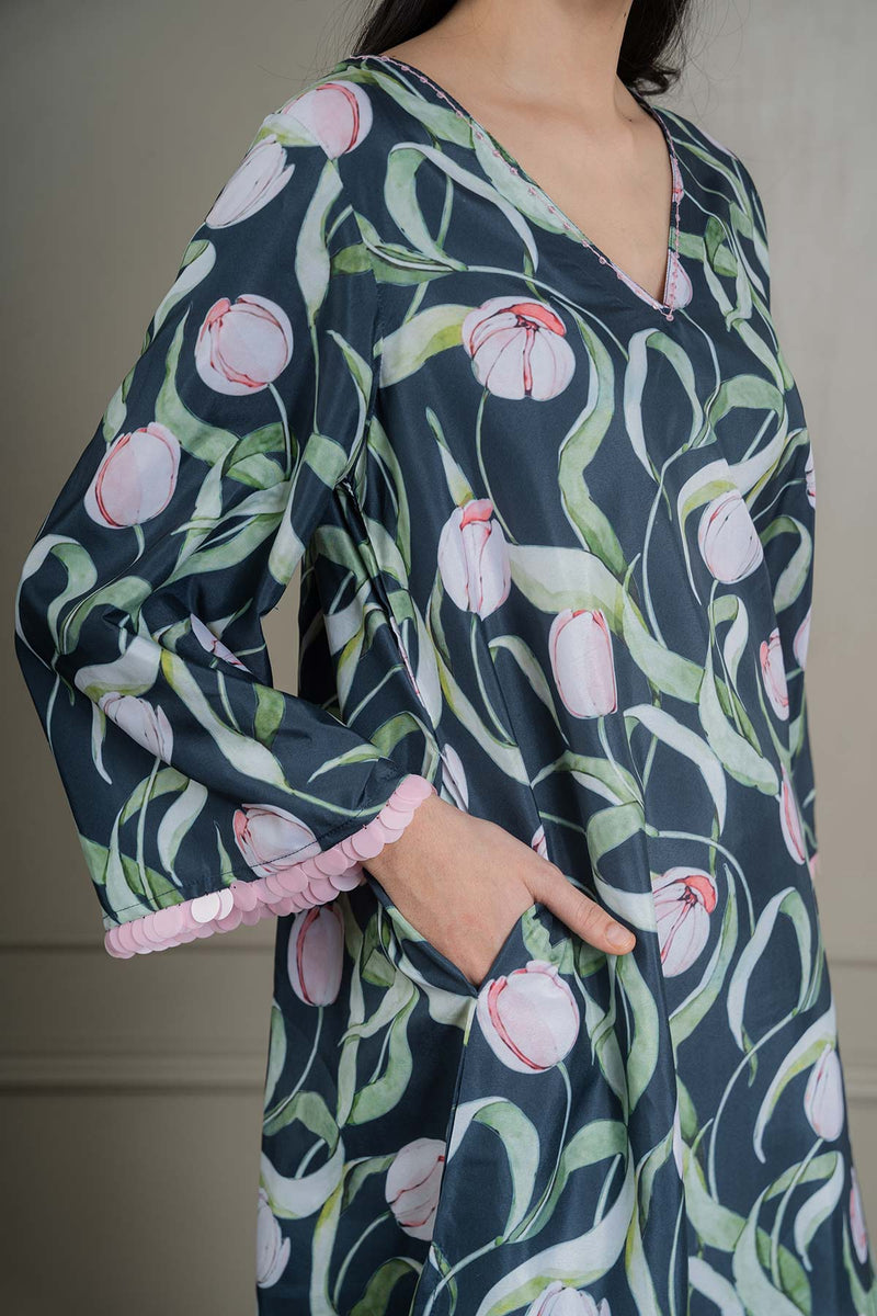 Navy-blue Printed Co-ord Set With Sequin Detailing (Set Of 2)