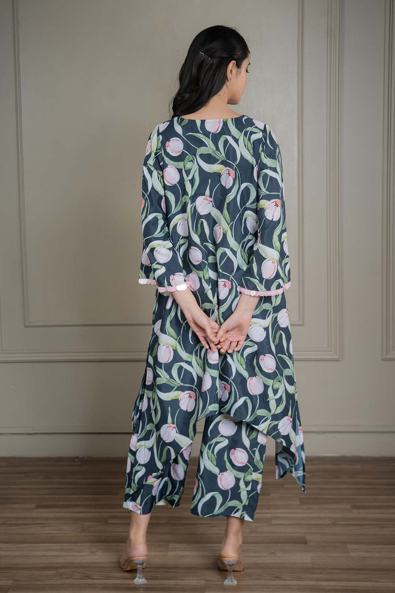 Navy-blue Printed Co-ord Set With Sequin Detailing (Set Of 2)