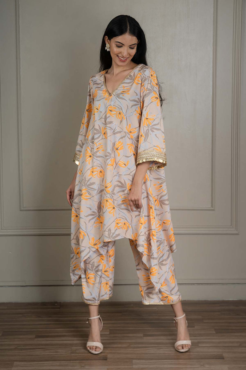 Beige Printed Co-ord Set With Coin Detailing (Set Of 2)