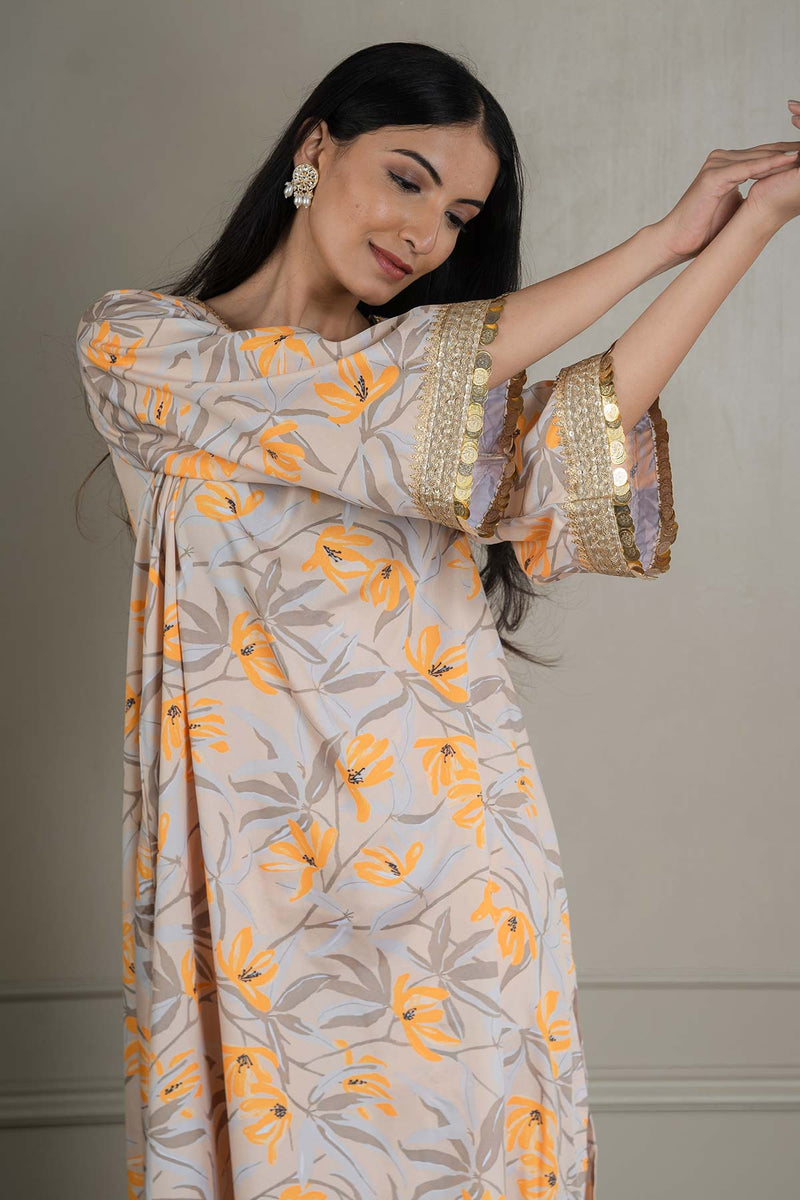 Beige Printed Co-ord Set With Coin Detailing (Set Of 2)