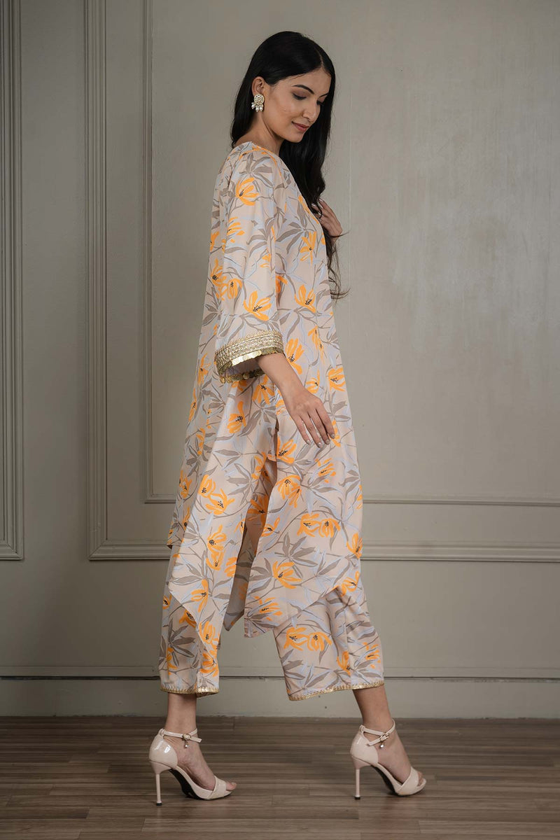 Beige Printed Co-ord Set With Coin Detailing (Set Of 2)