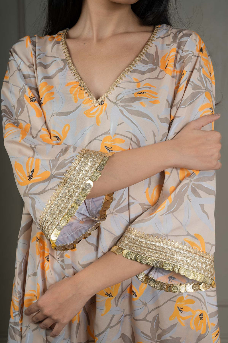 Beige Printed Co-ord Set With Coin Detailing (Set Of 2)