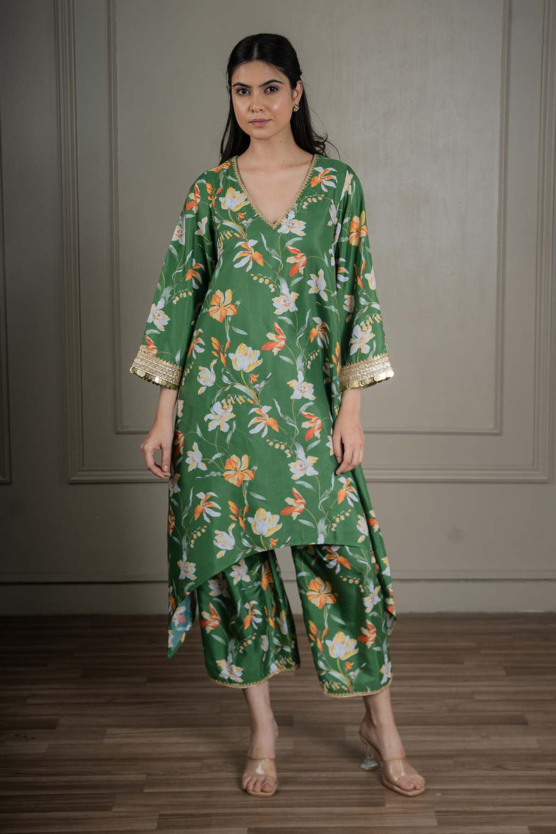 Green Printed Co-ord Set With Coin Detailing (Set Of 2)