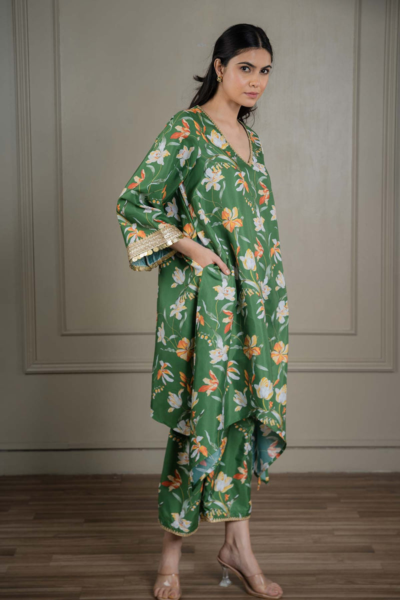 Green Printed Co-ord Set With Coin Detailing (Set Of 2)