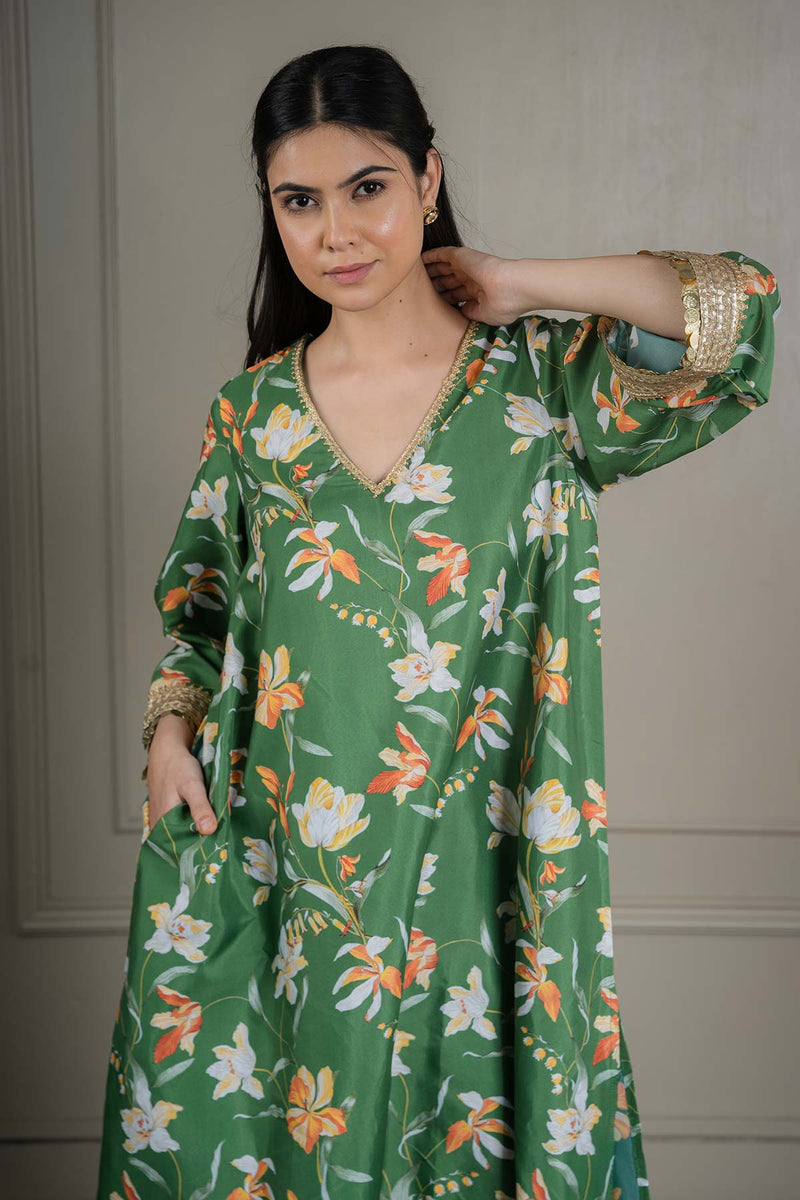 Green Printed Co-ord Set With Coin Detailing (Set Of 2)