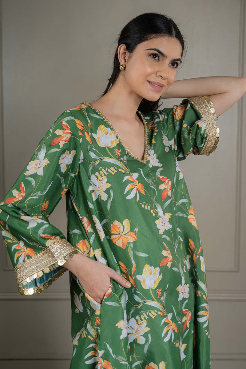 Green Printed Co-ord Set With Coin Detailing (Set Of 2)