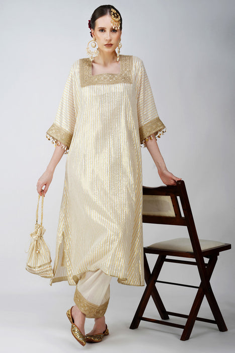 Heritage Beige cotton lurex kaftan with Golden Embellishments