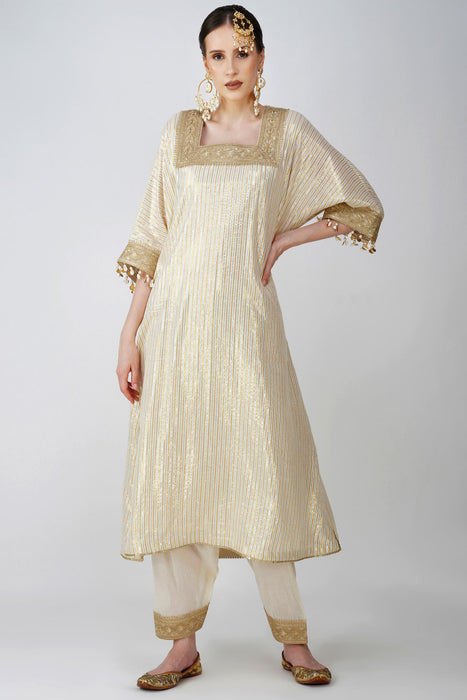 Heritage Beige cotton lurex kaftan with Golden Embellishments