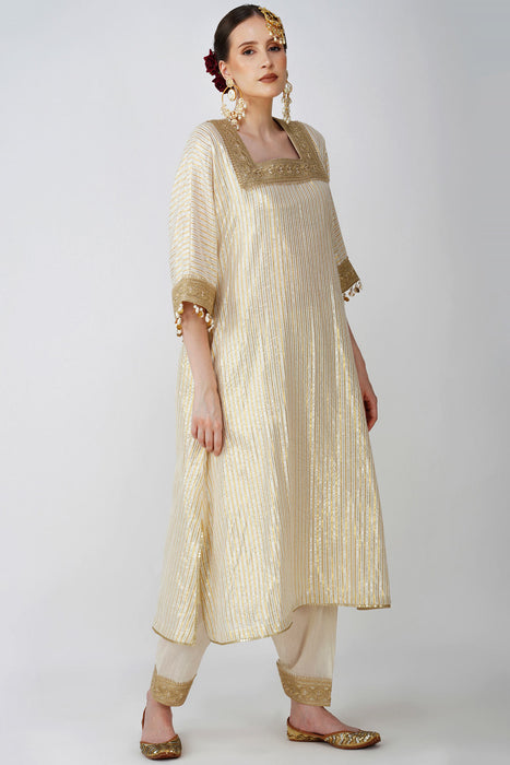 Heritage Beige cotton lurex kaftan with Golden Embellishments