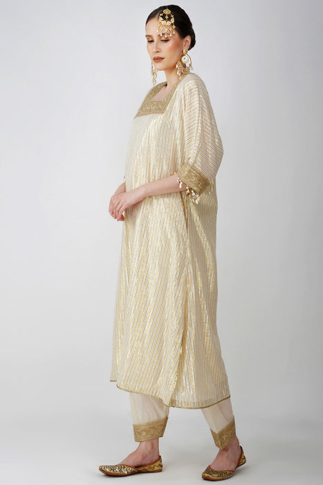 Heritage Beige cotton lurex kaftan with Golden Embellishments