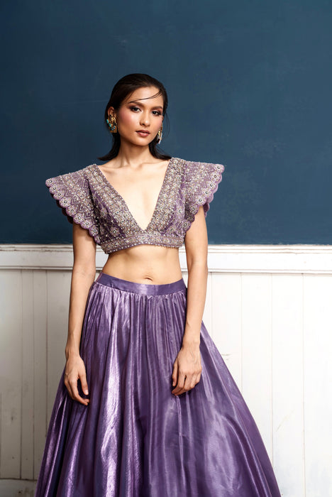 Caelum -nakshatra light metallic purple hand embroidered lehenga
