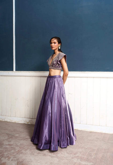 Caelum -nakshatra light metallic purple hand embroidered lehenga