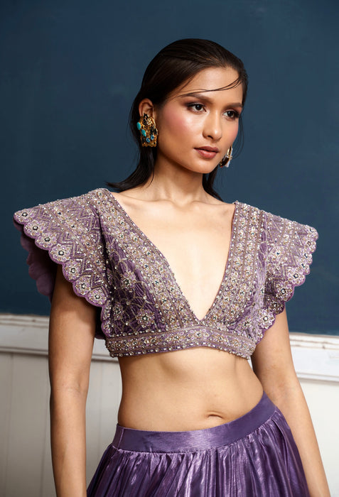 Caelum -nakshatra light metallic purple hand embroidered lehenga