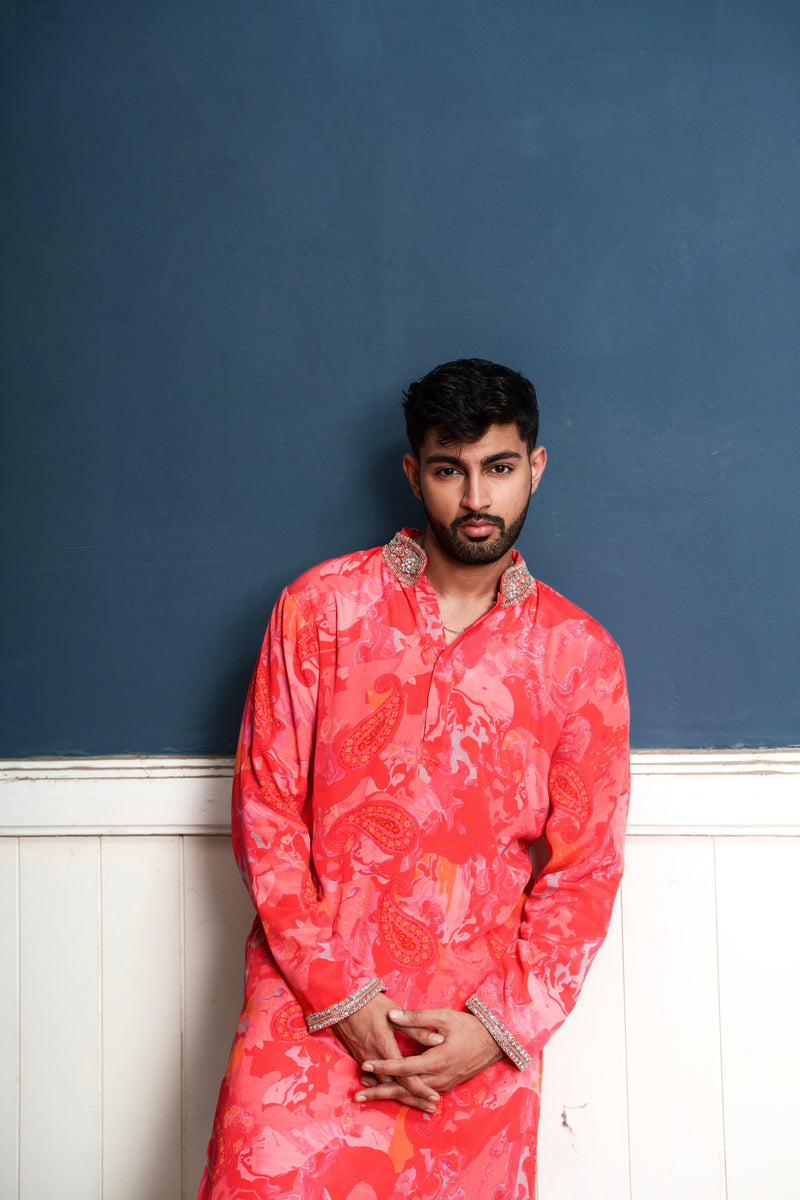 Paisley -nakshatra men's fiery rose kurta set with exquisite hand embroidery