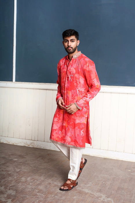 Paisley -nakshatra men's fiery rose kurta set with exquisite hand embroidery
