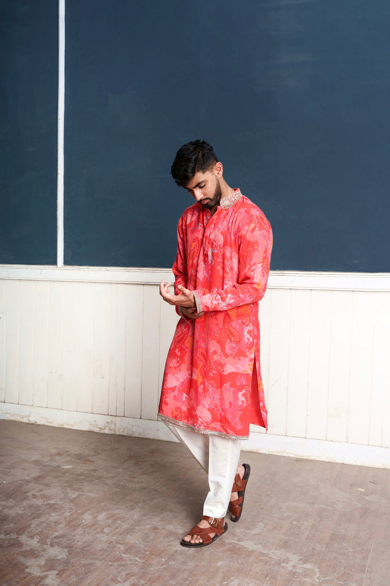 Paisley -nakshatra men's fiery rose kurta set with exquisite hand embroidery
