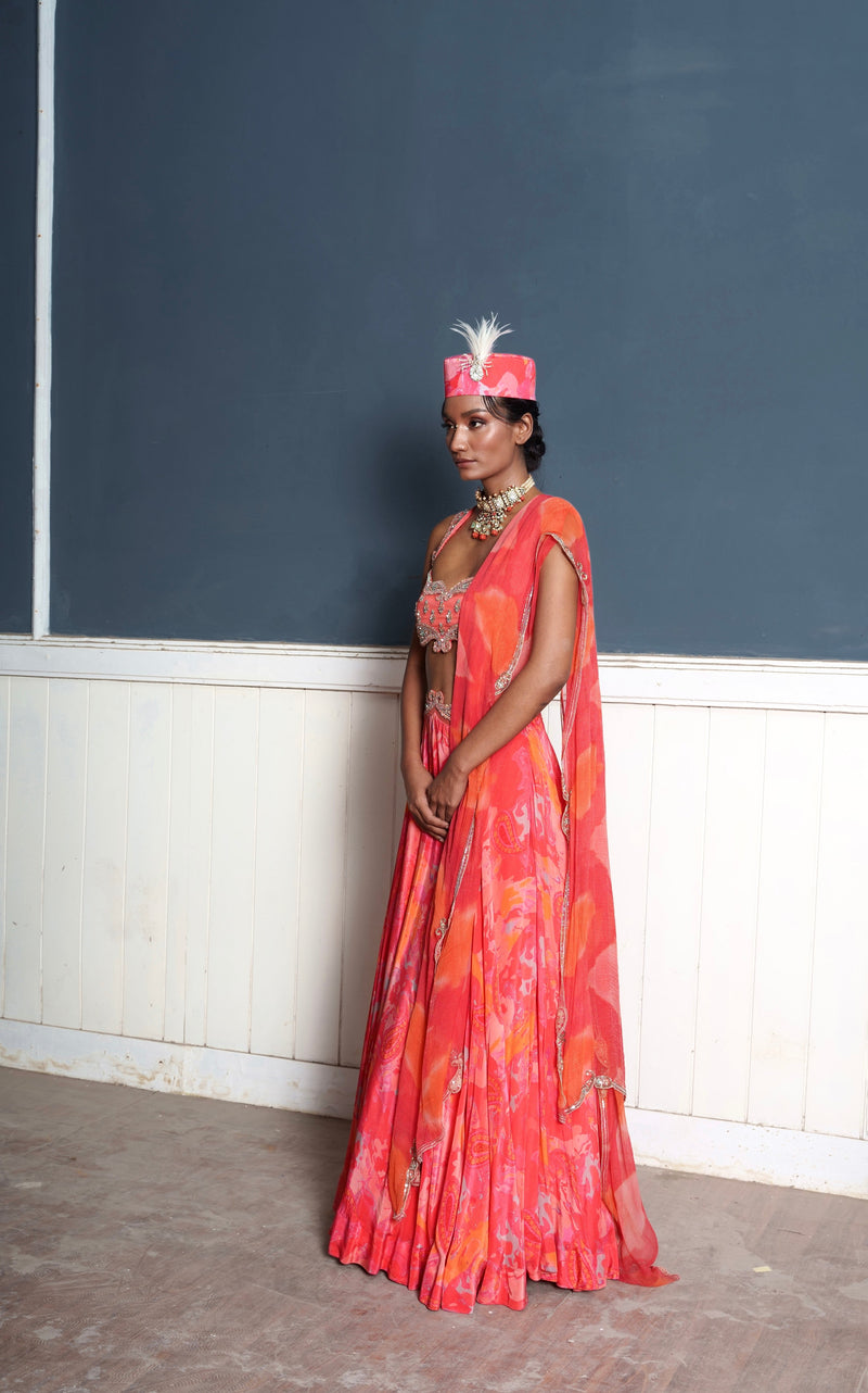 Paisley embroidered fiery rose printed lehenga set