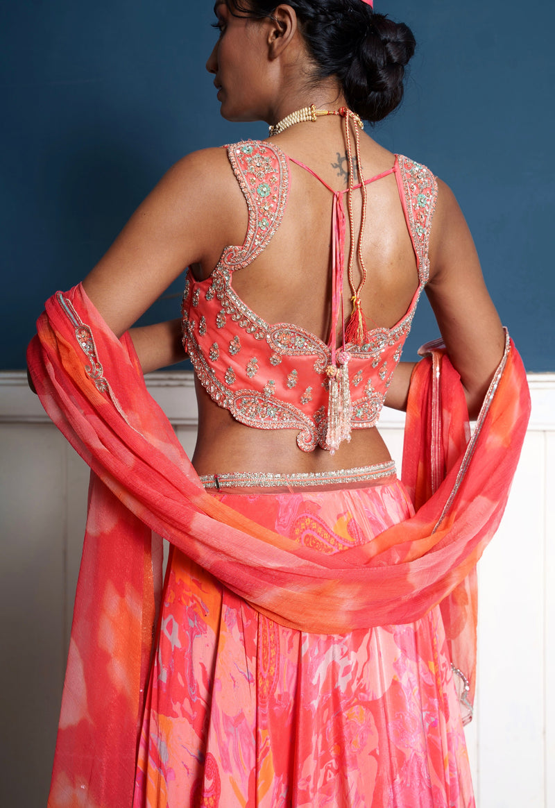 Paisley embroidered fiery rose printed lehenga set