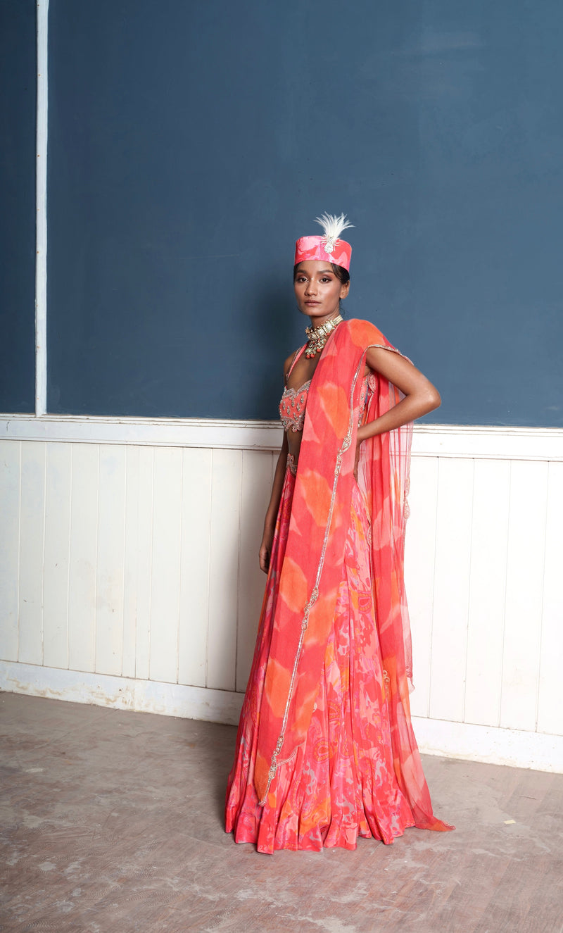 Paisley embroidered fiery rose printed lehenga set