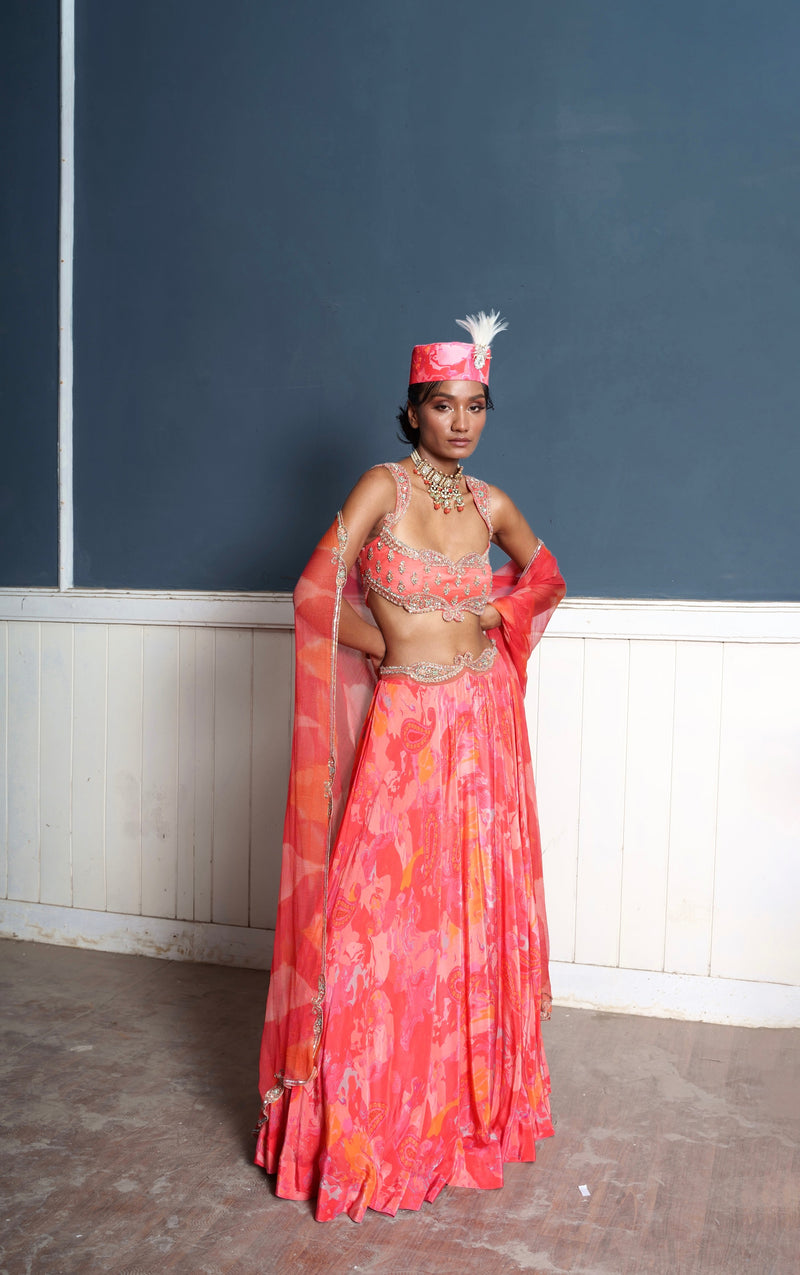 Paisley embroidered fiery rose printed lehenga set