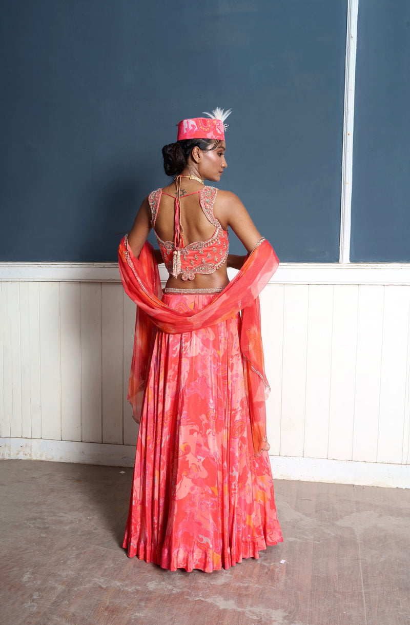 Paisley embroidered fiery rose printed lehenga set