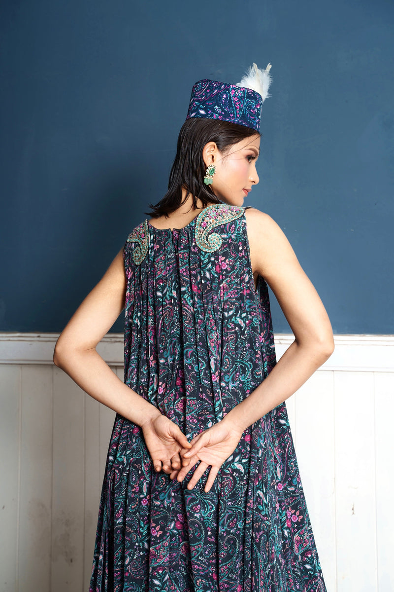 Paisley embroidered midnight printed Palazzo suit dress