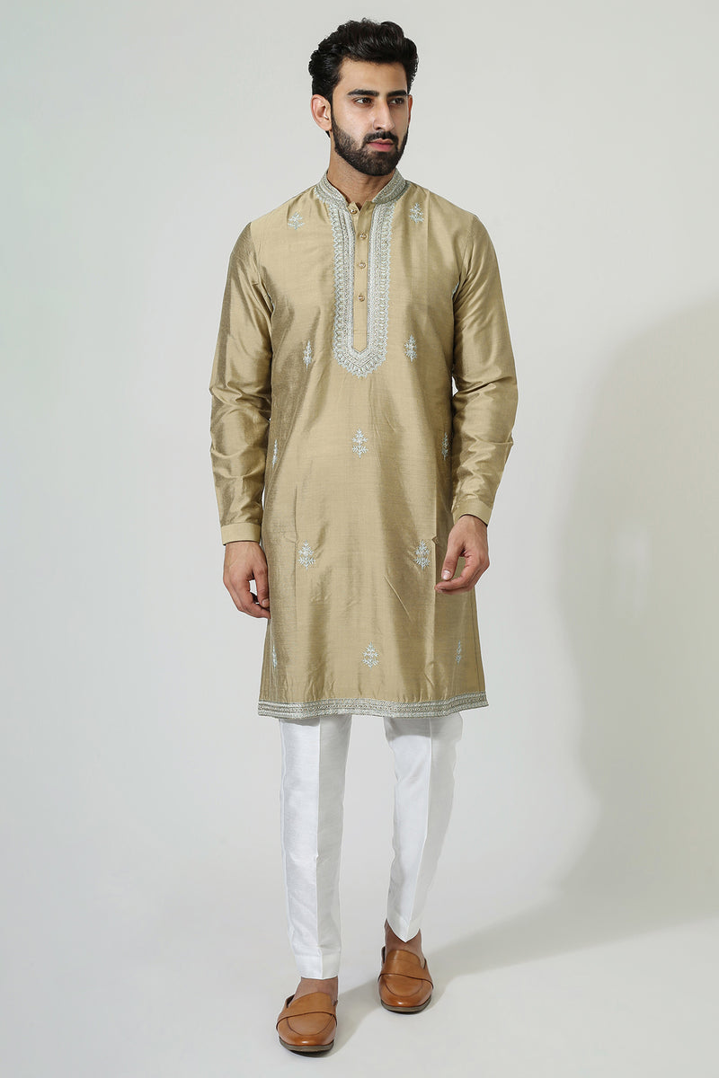 Gold Beige Kurta With Aari Embriodry