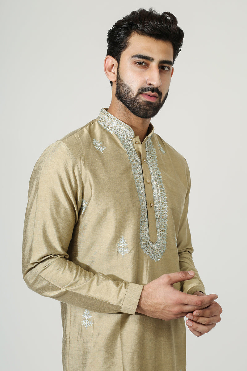 Gold Beige Kurta With Aari Embriodry