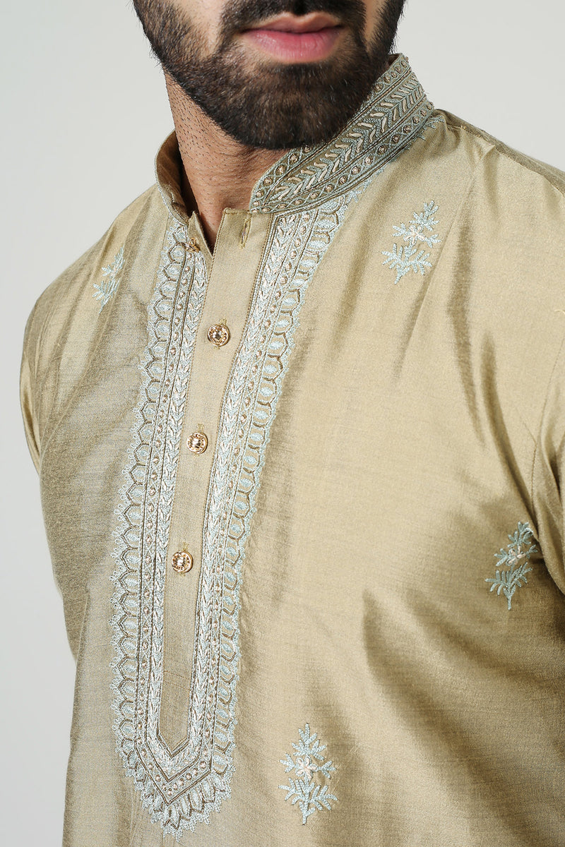 Gold Beige Kurta With Aari Embriodry