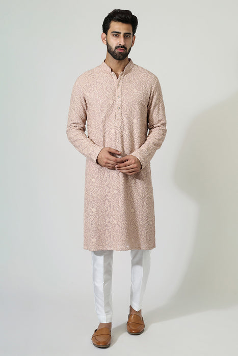 Light Peach Sequins Kurta With Pyjama