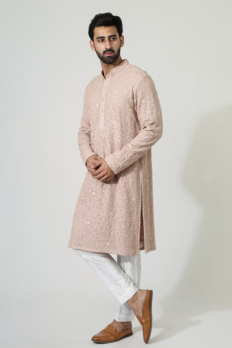 Light Peach Sequins Kurta With Pyjama