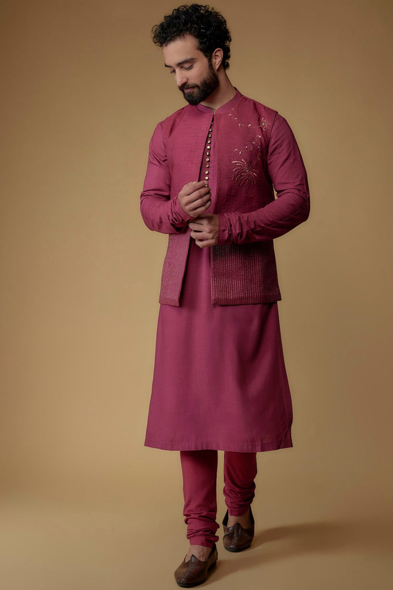 Dark Fuchsia Silk Dupion Thread Embroidered Indowestern Set