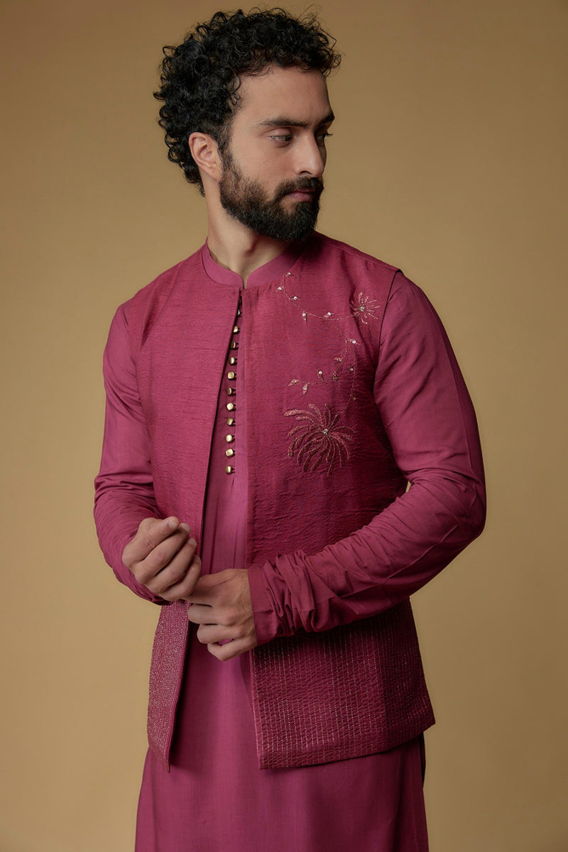 Dark Fuchsia Silk Dupion Thread Embroidered Indowestern Set
