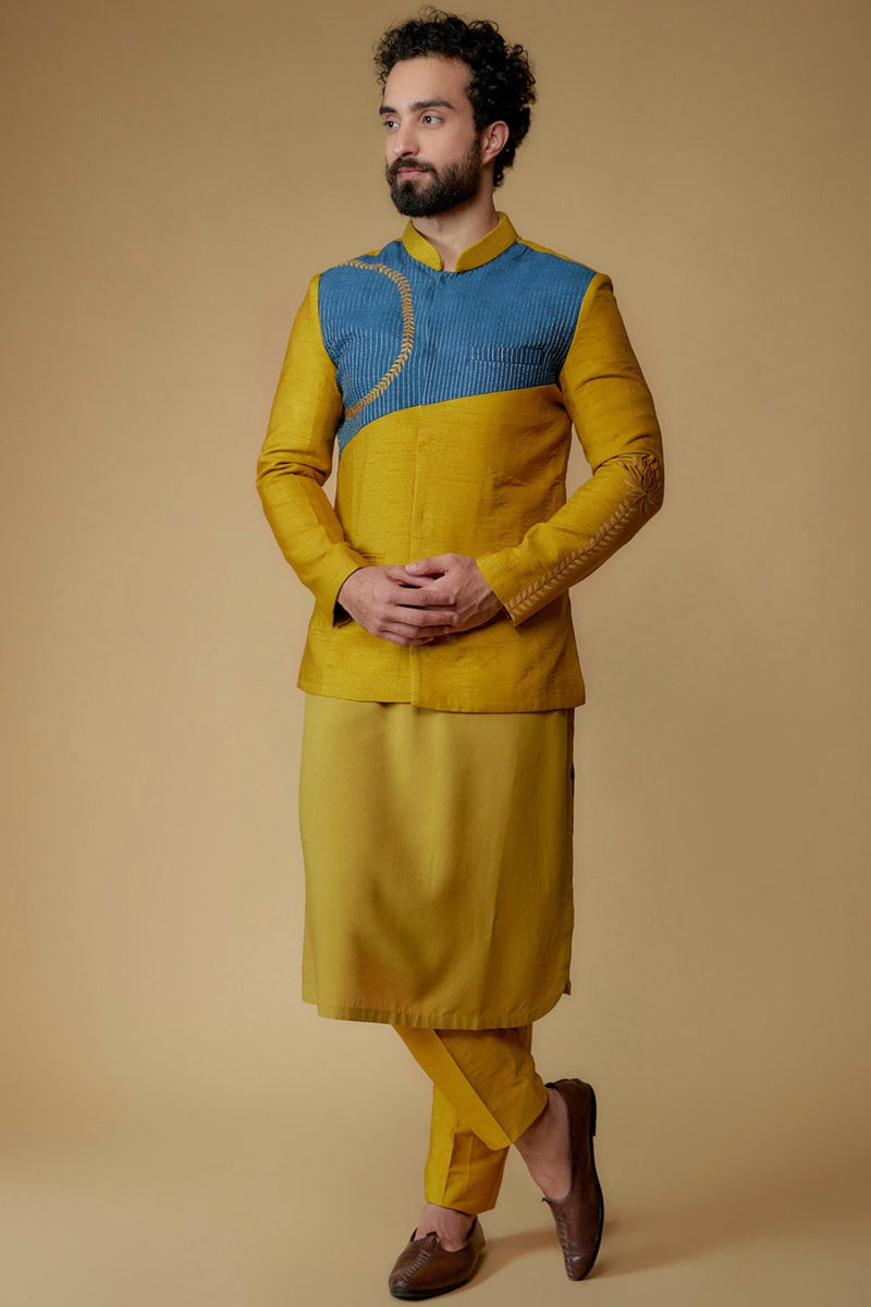 Mustard Yellow Silk Dupion Zari Embroidered Nehru Jacket Set