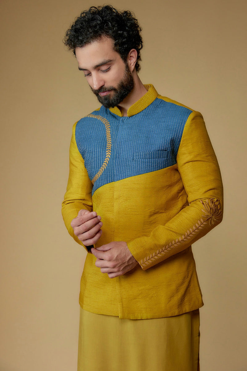 Mustard Yellow Silk Dupion Zari Embroidered Nehru Jacket Set
