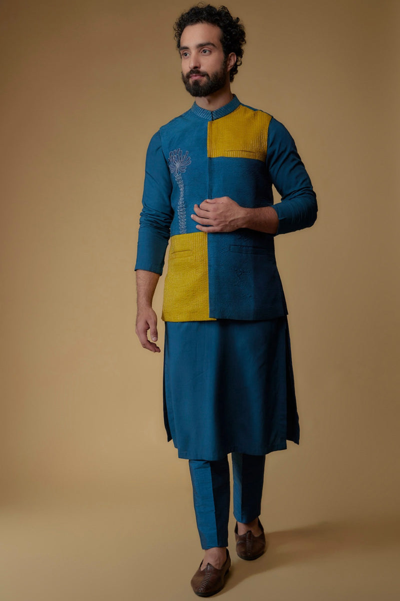 Royal Blue Silk Dupion Zari Embroidered Nehru Jacket Set