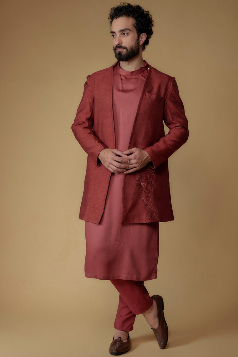 Carmine Red Silk Dupion & Modal Silk Thread Embroidered Indowestern Set