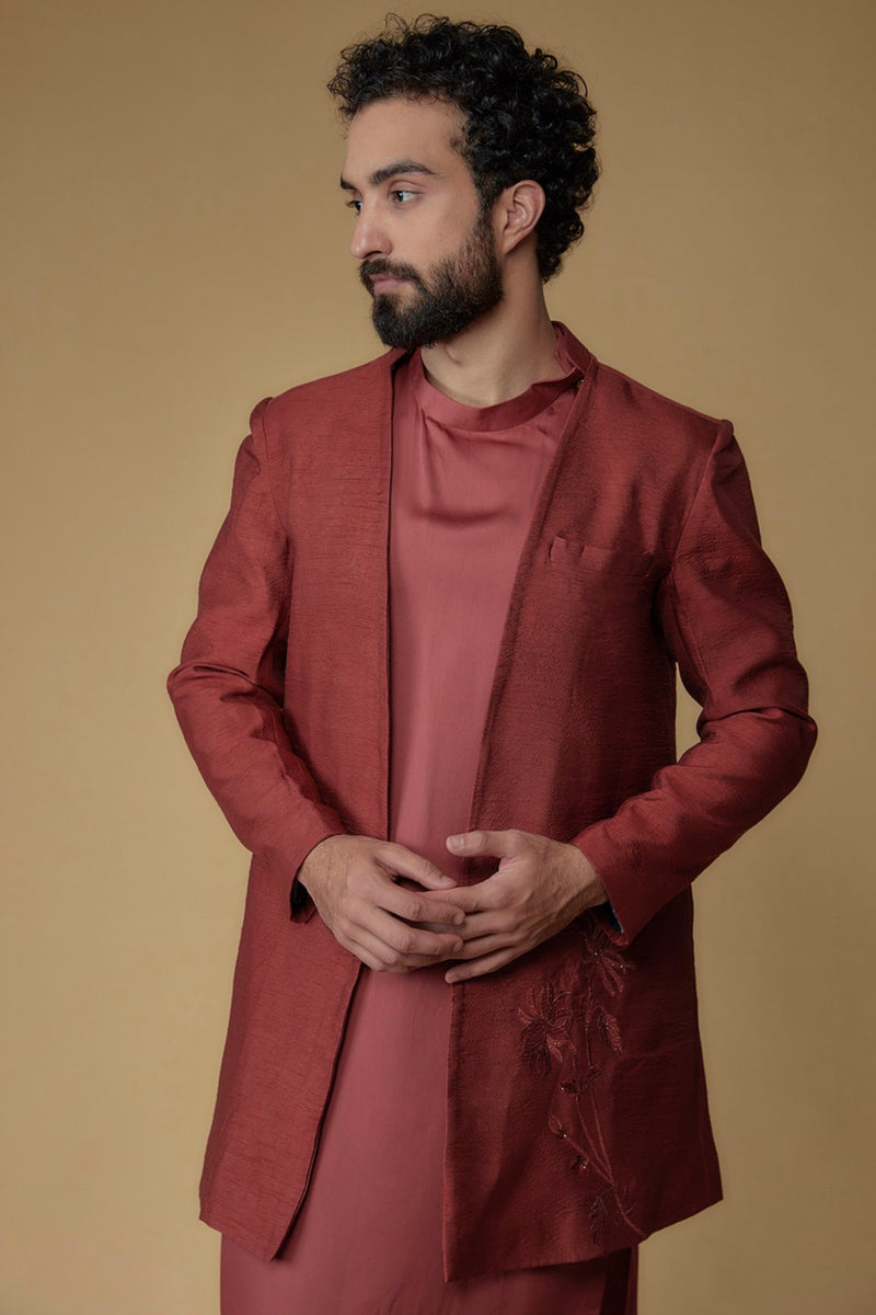 Carmine Red Silk Dupion & Modal Silk Thread Embroidered Indowestern Set