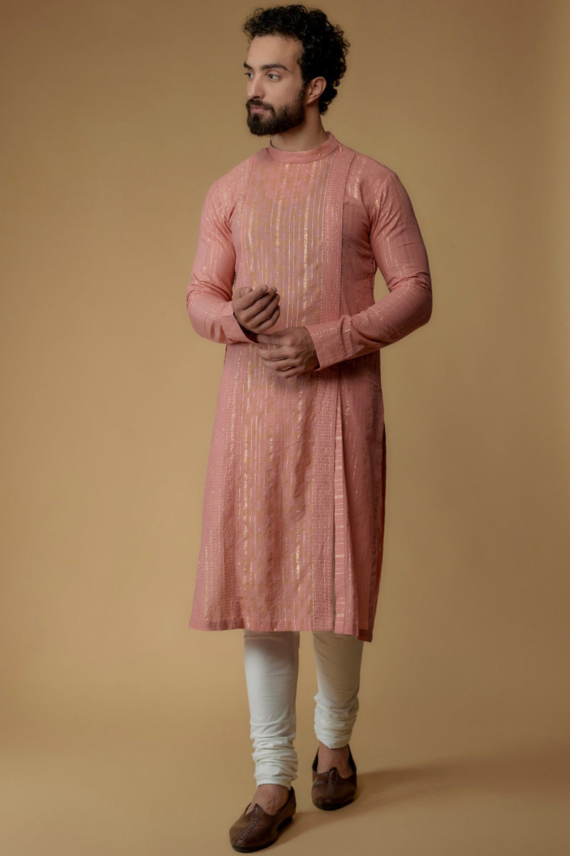 Salmon Pink Cotton Lurex Zari Embellished Kurta