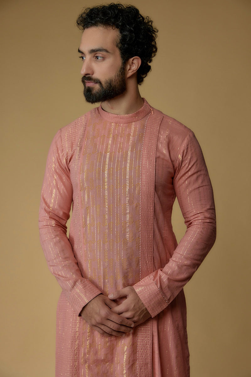 Salmon Pink Cotton Lurex Zari Embellished Kurta