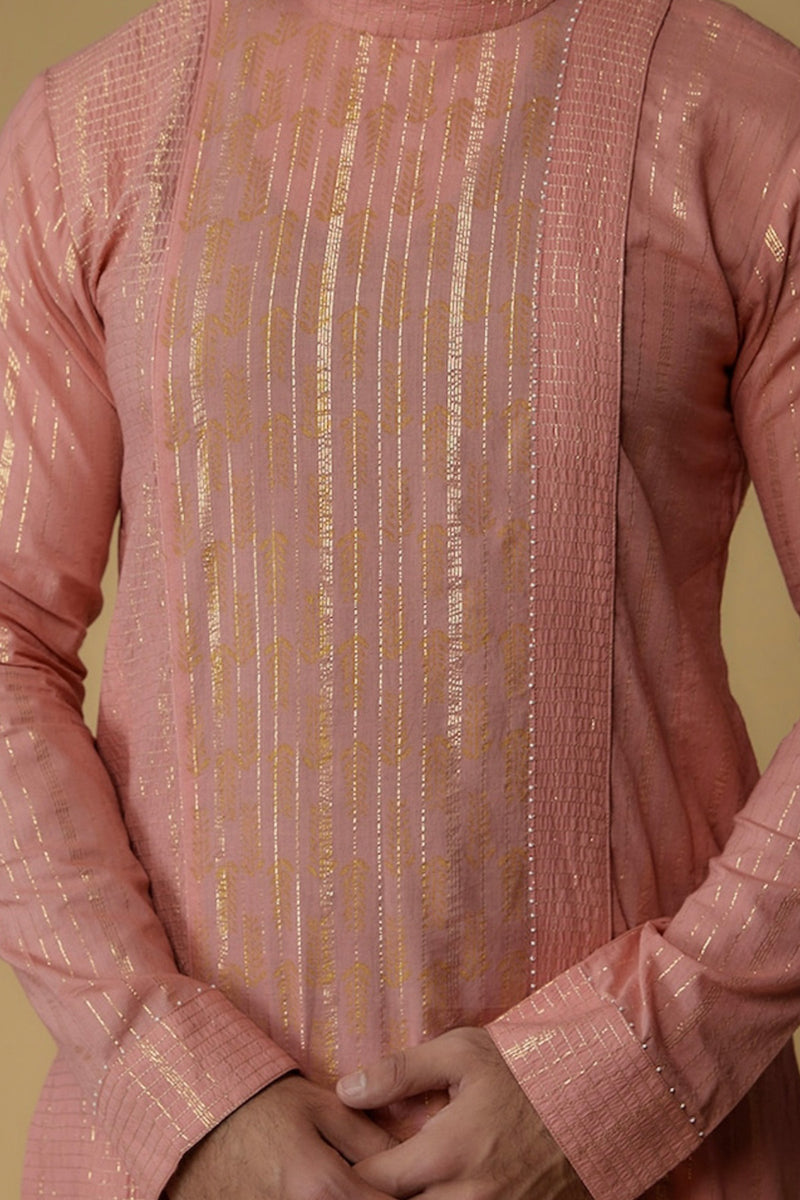 Salmon Pink Cotton Lurex Zari Embellished Kurta