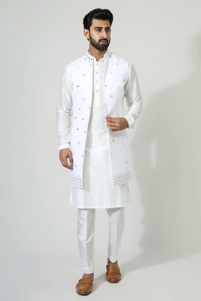Offwhite Mirror Open Jacket With Kurta Pyjama